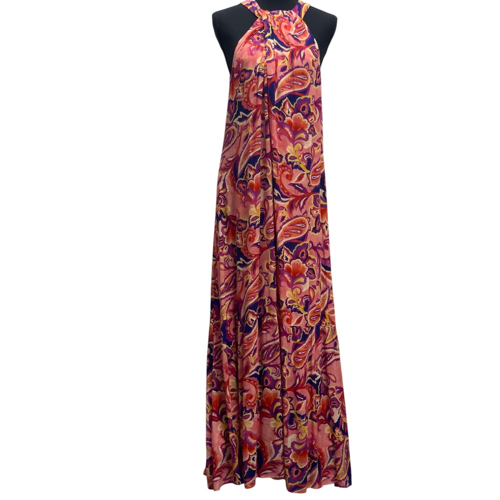 Soft Surroundings Maxi Dress L Large Pink Paisley Halter‎ Sleeveless Rayon